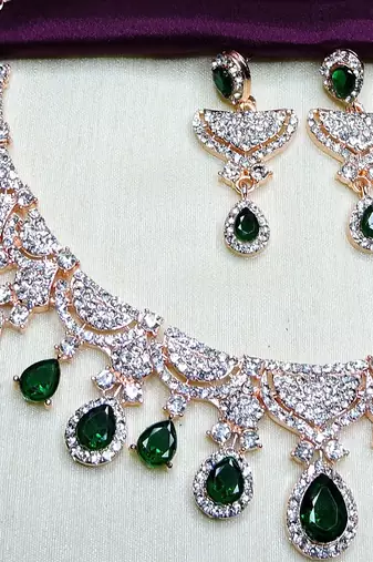 Green rose gold premium designer american diamond and stone work necklace set