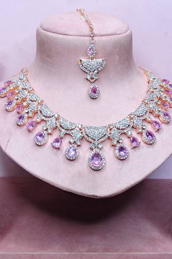 Purple rose gold premium designer american diamond and stone work necklace set