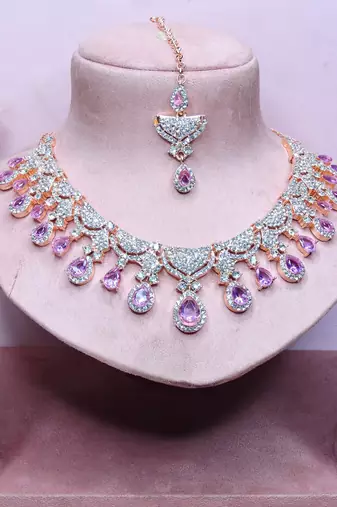Purple rose gold premium designer american diamond and stone work necklace set