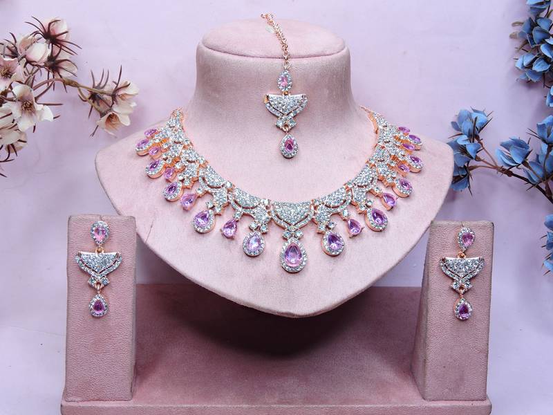 Purple rose gold premium designer american diamond and stone work necklace set