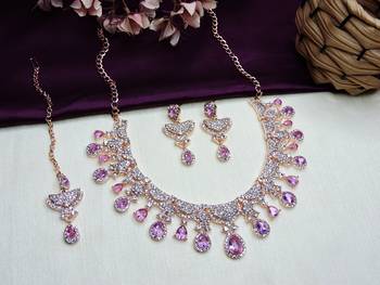 Purple rose gold premium designer american diamond and stone work necklace set 2