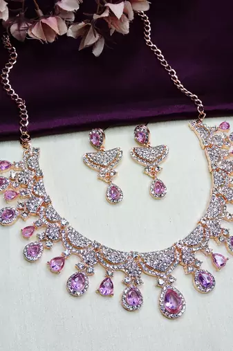 Purple rose gold premium designer american diamond and stone work necklace set
