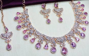 Purple rose gold premium designer american diamond and stone work necklace set 3