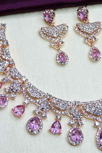 Purple rose gold premium designer american diamond and stone work necklace set