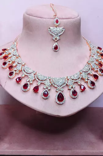 Maroon rose gold premium designer american diamond and stone work necklace set