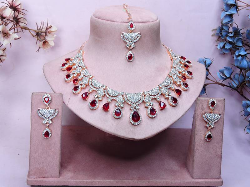 Maroon rose gold premium designer american diamond and stone work necklace set