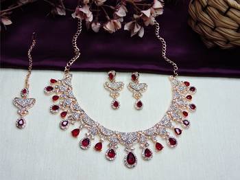 Maroon rose gold premium designer american diamond and stone work necklace set 2