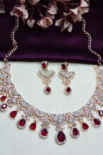 Maroon rose gold premium designer american diamond and stone work necklace set