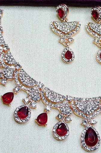 Maroon rose gold premium designer american diamond and stone work necklace set