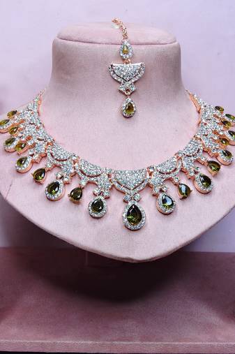 Green rose gold premium designer american diamond and stone work necklace set