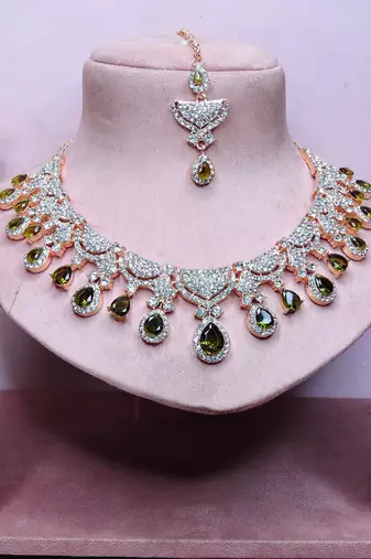 Green rose gold premium designer american diamond and stone work necklace set