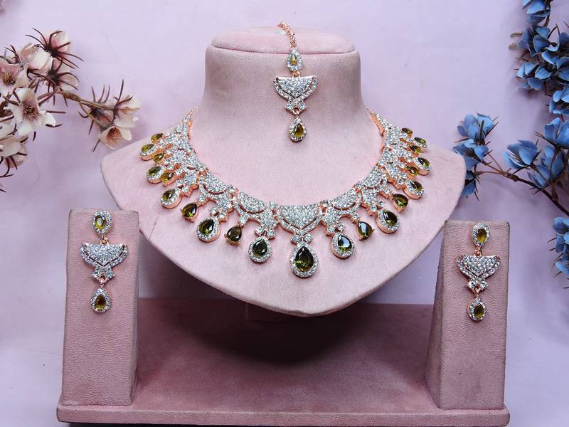 Green rose gold premium designer american diamond and stone work necklace set
