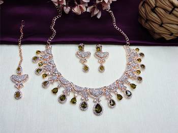 Green rose gold premium designer american diamond and stone work necklace set 1