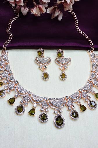 Green rose gold premium designer american diamond and stone work necklace set