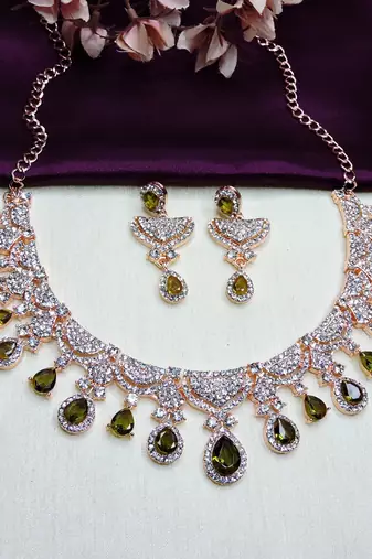 Green rose gold premium designer american diamond and stone work necklace set