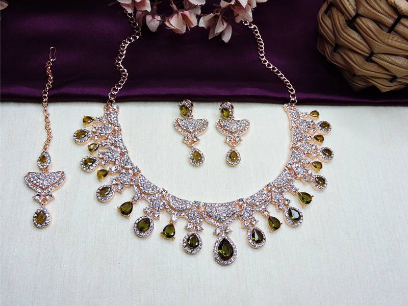 Green rose gold premium designer american diamond and stone work necklace set