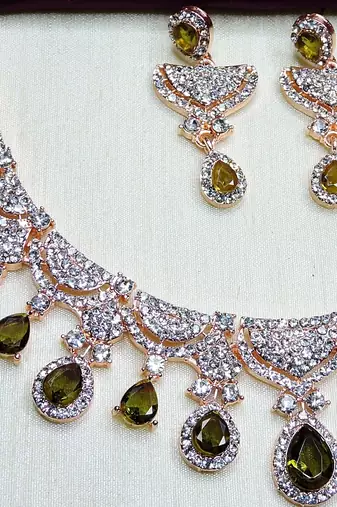 Green rose gold premium designer american diamond and stone work necklace set
