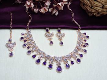 Blue rose gold premium designer american diamond and stone work necklace set 1