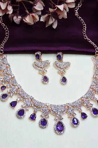 Blue rose gold premium designer american diamond and stone work necklace set