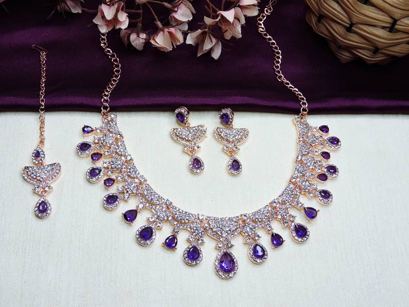 Blue rose gold premium designer american diamond and stone work necklace set
