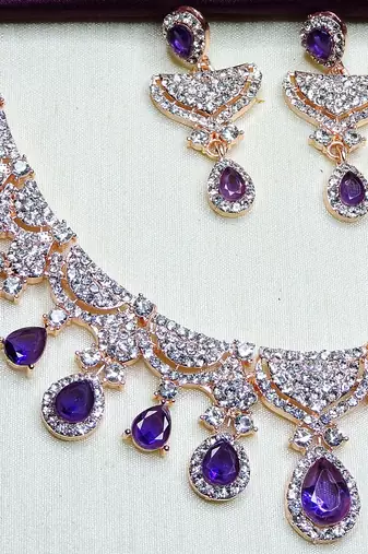Blue rose gold premium designer american diamond and stone work necklace set
