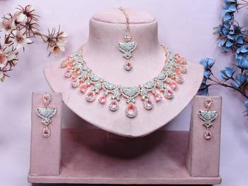Pink rose gold premium designer american diamond and stone work necklace set 1