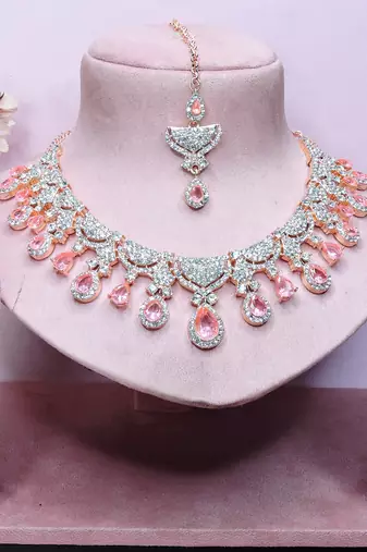 Pink rose gold premium designer american diamond and stone work necklace set
