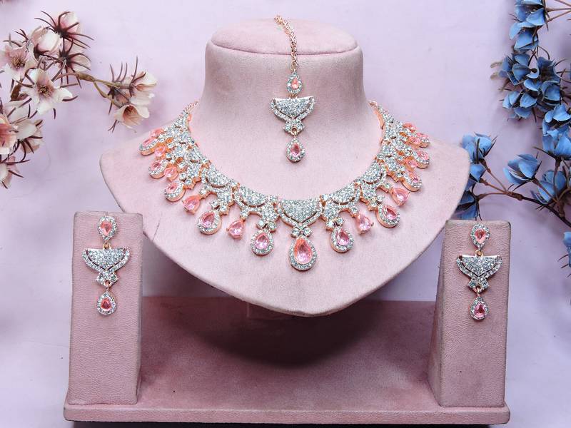 Pink rose gold premium designer american diamond and stone work necklace set