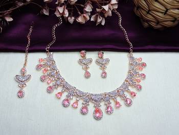 Pink rose gold premium designer american diamond and stone work necklace set 2