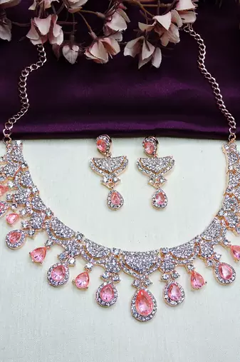 Pink rose gold premium designer american diamond and stone work necklace set