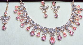 Pink rose gold premium designer american diamond and stone work necklace set 3