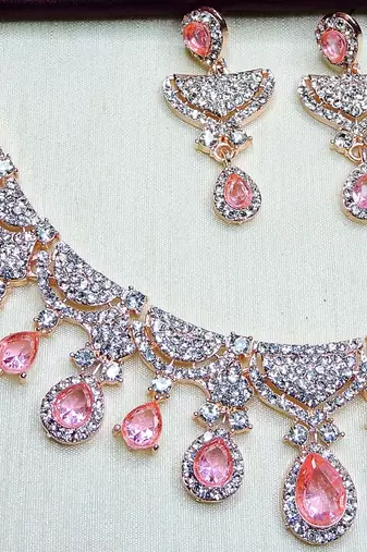 Pink rose gold premium designer american diamond and stone work necklace set