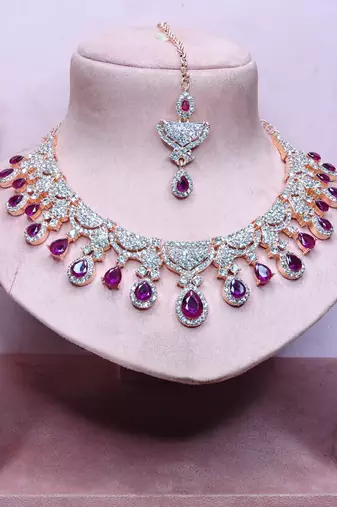Purple rose gold premium designer american diamond and stone work necklace set