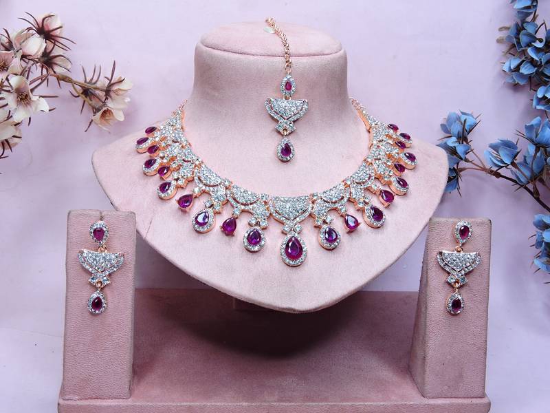Purple rose gold premium designer american diamond and stone work necklace set