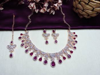 Purple rose gold premium designer american diamond and stone work necklace set 2