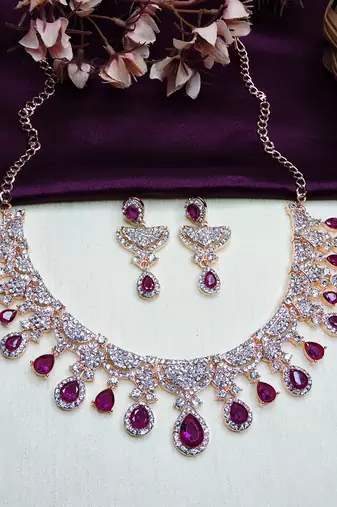 Purple rose gold premium designer american diamond and stone work necklace set