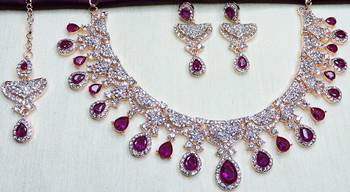 Purple rose gold premium designer american diamond and stone work necklace set 3