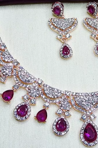 Purple rose gold premium designer american diamond and stone work necklace set