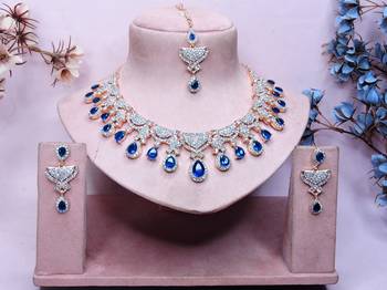 Blue rose gold premium designer american diamond and stone work necklace set 1