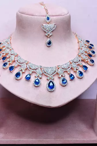 Blue rose gold premium designer american diamond and stone work necklace set
