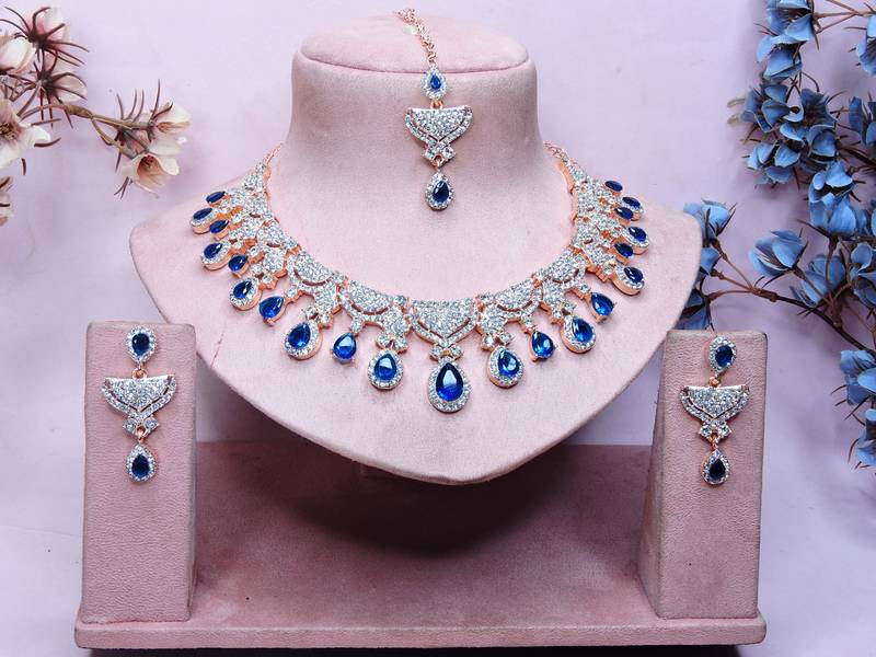 Blue rose gold premium designer american diamond and stone work necklace set