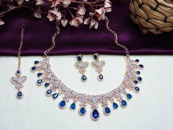 Blue rose gold premium designer american diamond and stone work necklace set 2