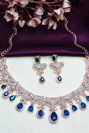 Blue rose gold premium designer american diamond and stone work necklace set