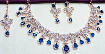 Blue rose gold premium designer american diamond and stone work necklace set 3