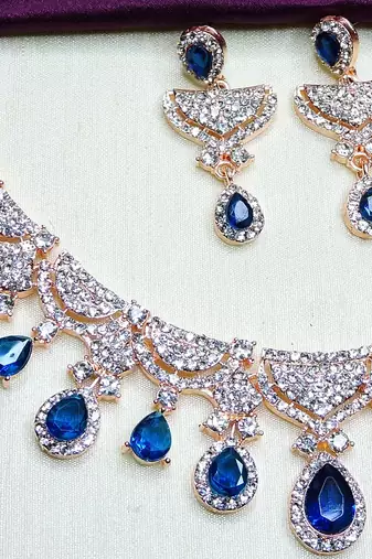 Blue rose gold premium designer american diamond and stone work necklace set