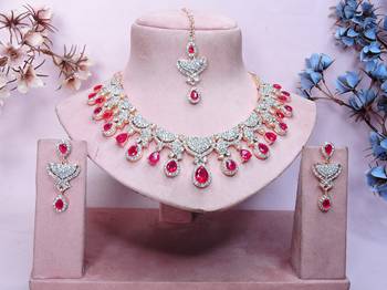 Pink rose gold premium designer american diamond and stone work necklace set 1