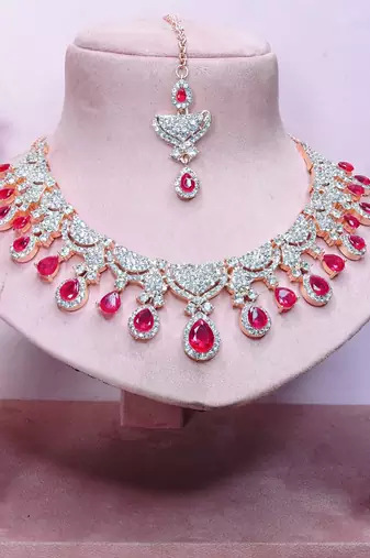 Pink rose gold premium designer american diamond and stone work necklace set