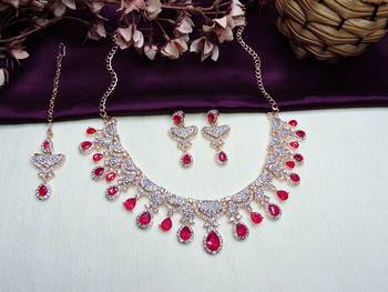 Pink rose gold premium designer american diamond and stone work necklace set 2