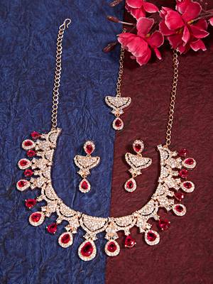 Pink rose gold premium designer american diamond and stone work necklace set 3