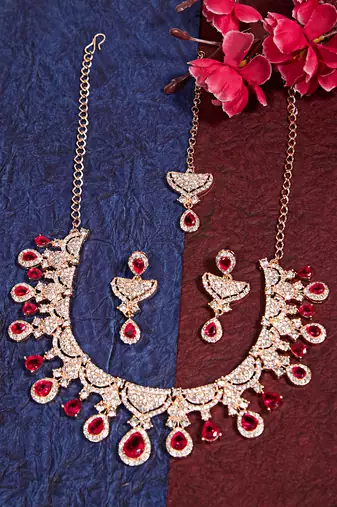 Pink rose gold premium designer american diamond and stone work necklace set